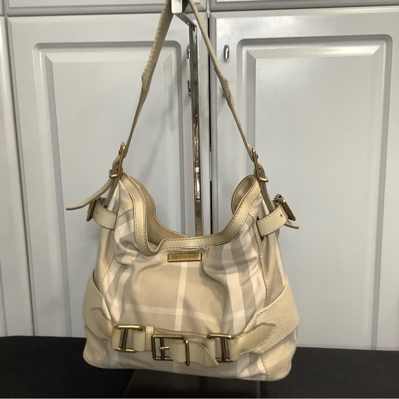 Burberry Tan Blonde Parsons House Striped Canvas Leather Trim Handbag - Picture 1 of 16